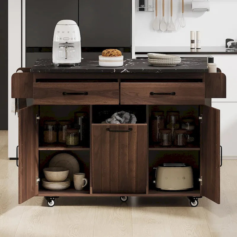 Îlot de cuisine avec meuble de rangement pour poubelle, Chariot de cuisine avec abattant