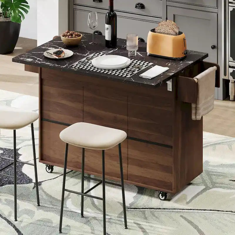 Îlot de cuisine avec meuble de rangement pour poubelle, Chariot de cuisine avec abattant