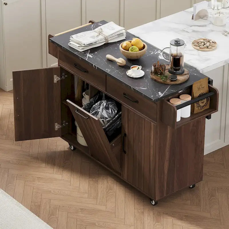 Îlot de cuisine avec meuble de rangement pour poubelle, Chariot de cuisine avec abattant