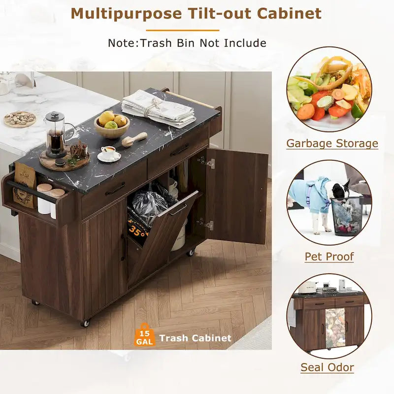 Îlot de cuisine avec meuble de rangement pour poubelle, Chariot de cuisine avec abattant