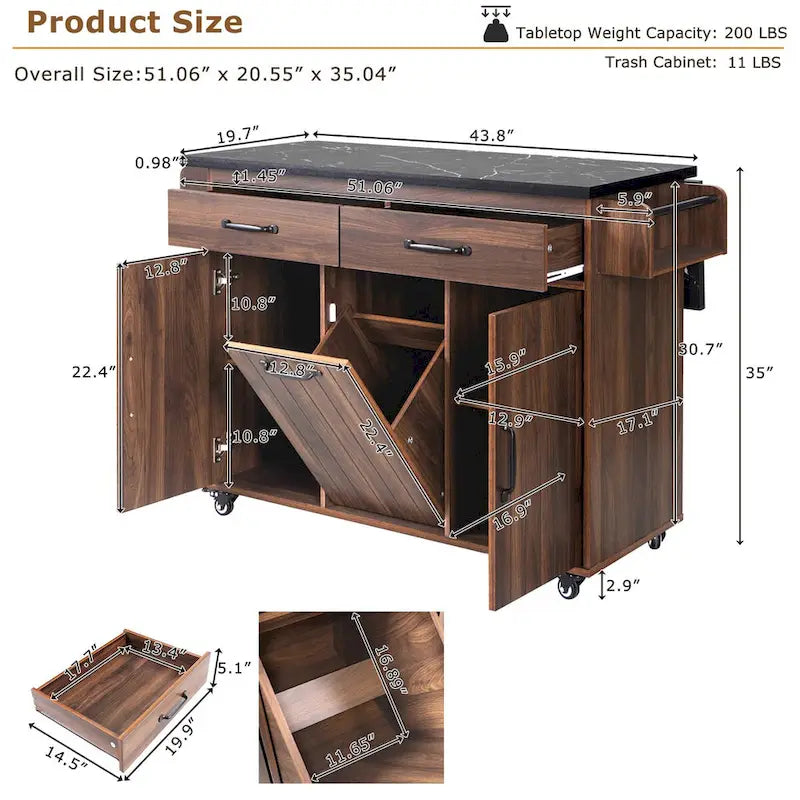 Îlot de cuisine avec meuble de rangement pour poubelle, Chariot de cuisine avec abattant