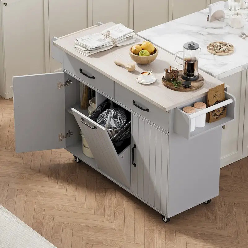 Îlot de cuisine avec meuble de rangement pour poubelle, Chariot de cuisine avec abattant