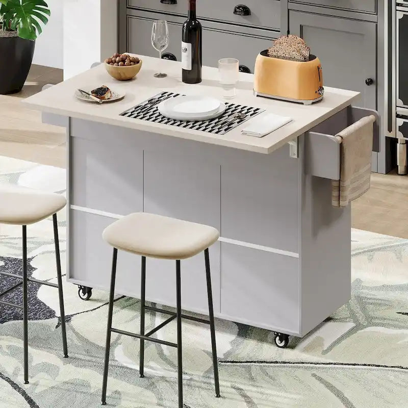 Îlot de cuisine avec meuble de rangement pour poubelle, Chariot de cuisine avec abattant