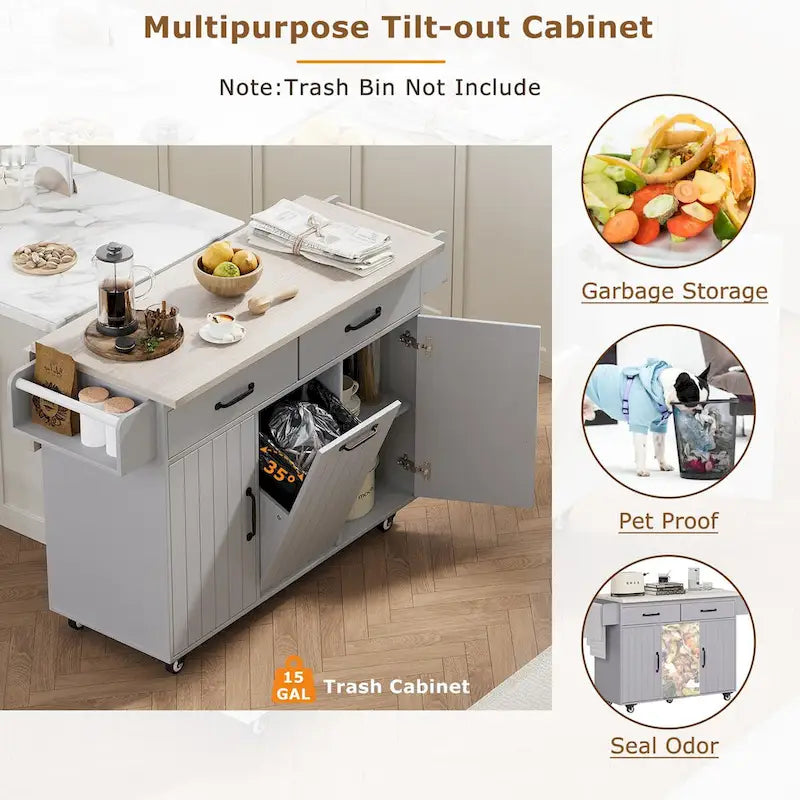 Îlot de cuisine avec meuble de rangement pour poubelle, Chariot de cuisine avec abattant