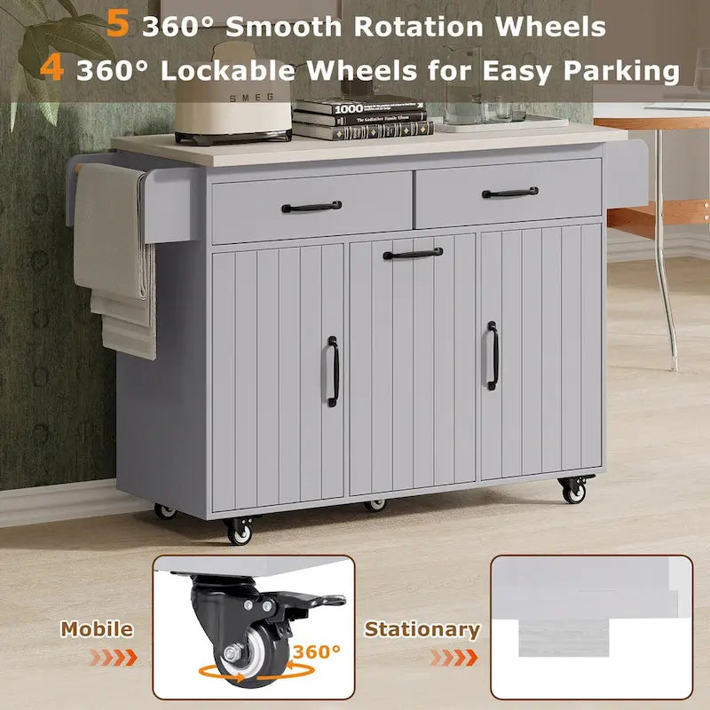 Îlot de cuisine avec meuble de rangement pour poubelle, Chariot de cuisine avec abattant