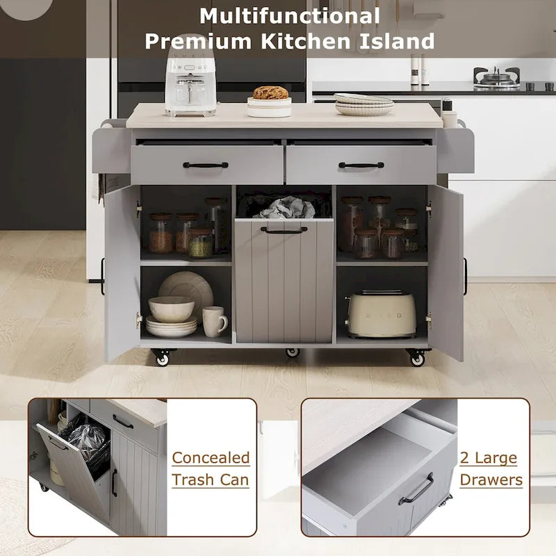 Îlot de cuisine avec meuble de rangement pour poubelle, Chariot de cuisine avec abattant