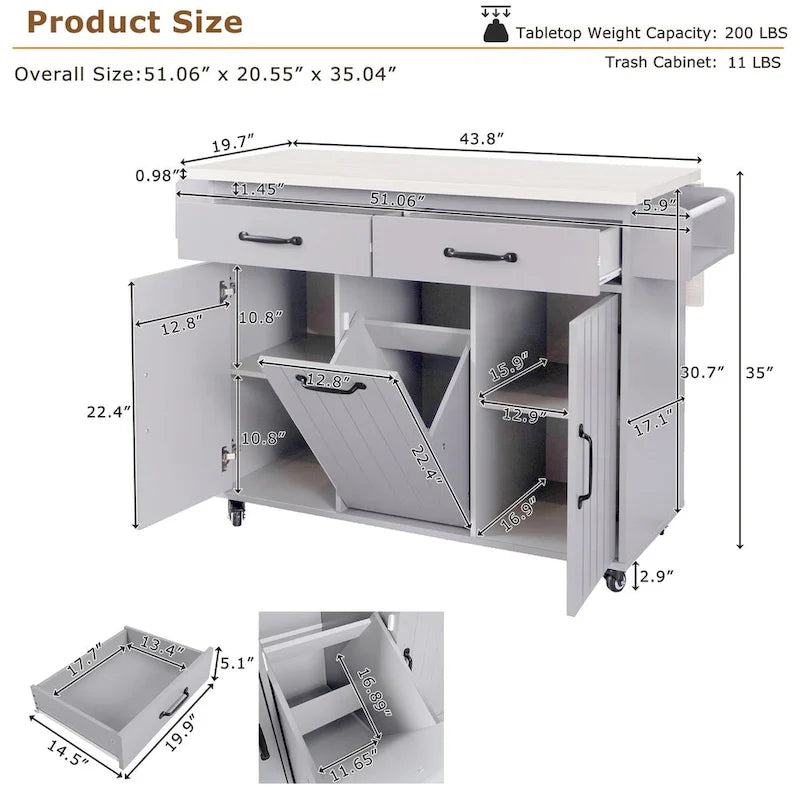 Îlot de cuisine avec meuble de rangement pour poubelle, Chariot de cuisine avec abattant