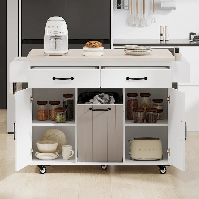 Îlot de cuisine avec meuble de rangement pour poubelle, Chariot de cuisine avec abattant