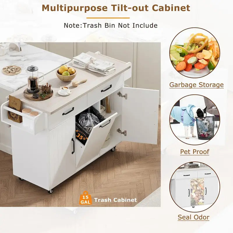 Îlot de cuisine avec meuble de rangement pour poubelle, Chariot de cuisine avec abattant