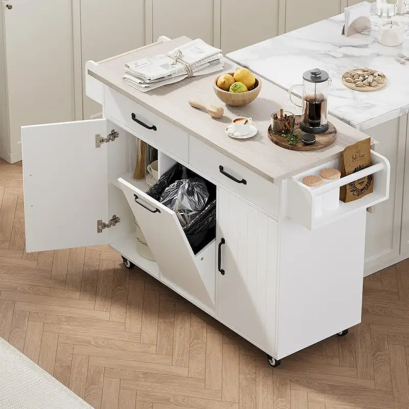 Îlot de cuisine avec meuble de rangement pour poubelle, Chariot de cuisine avec abattant