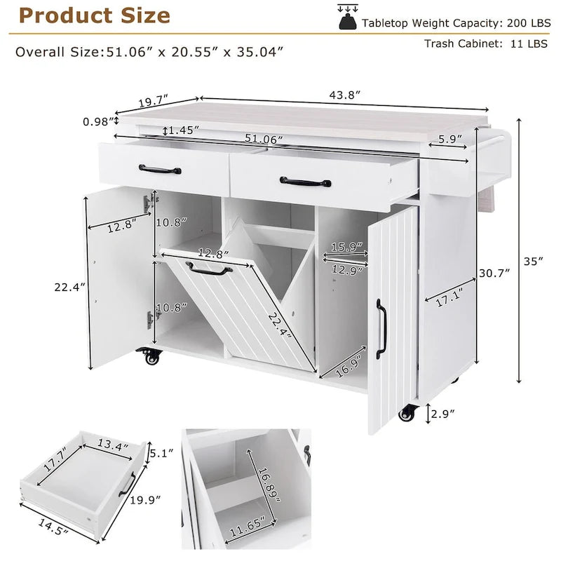 Îlot de cuisine avec meuble de rangement pour poubelle, Chariot de cuisine avec abattant