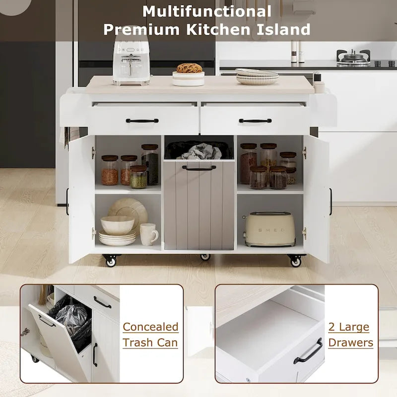 Îlot de cuisine avec meuble de rangement pour poubelle, Chariot de cuisine avec abattant