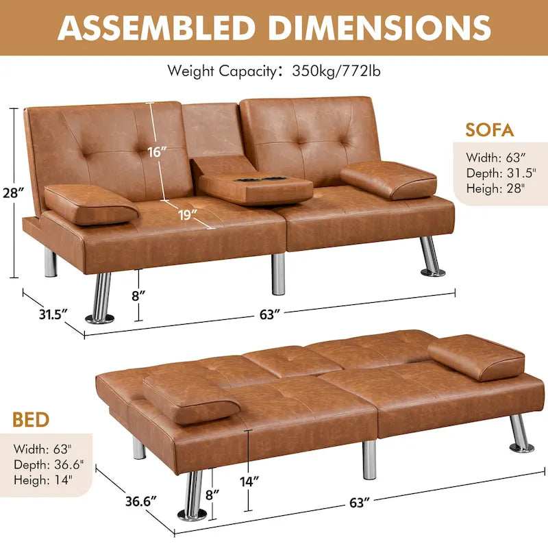 Canapé-lit convertible 3-en-1 Yaheetech en simili cuir, futon réglable