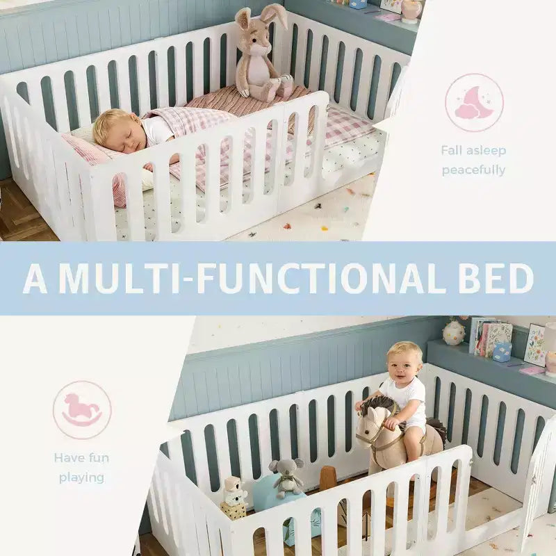 Lit Montessori au sol pour enfant, format simple, blanc, avec barrières et porte – Bois massif, 1 place