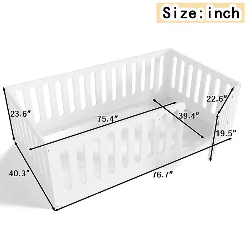 Lit Montessori au sol pour enfant, format simple, blanc, avec barrières et porte – Bois massif, 1 place