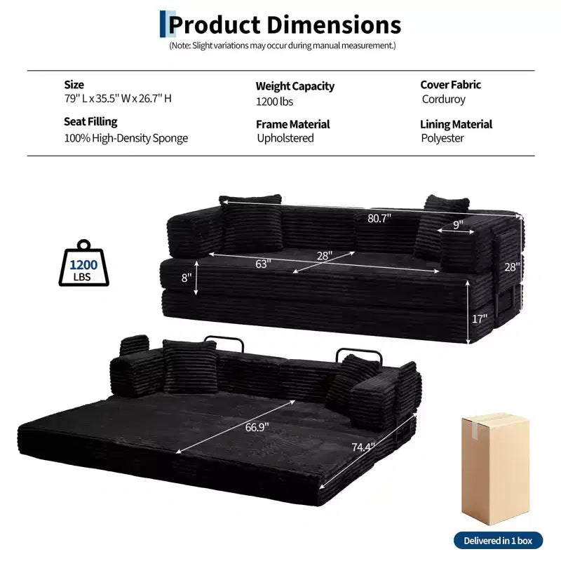 Canapé-lit convertible 5-en-1 de 205 cm (80,7 po) – Velours côtelé, 544 kg (1200 lb), sans assemblage